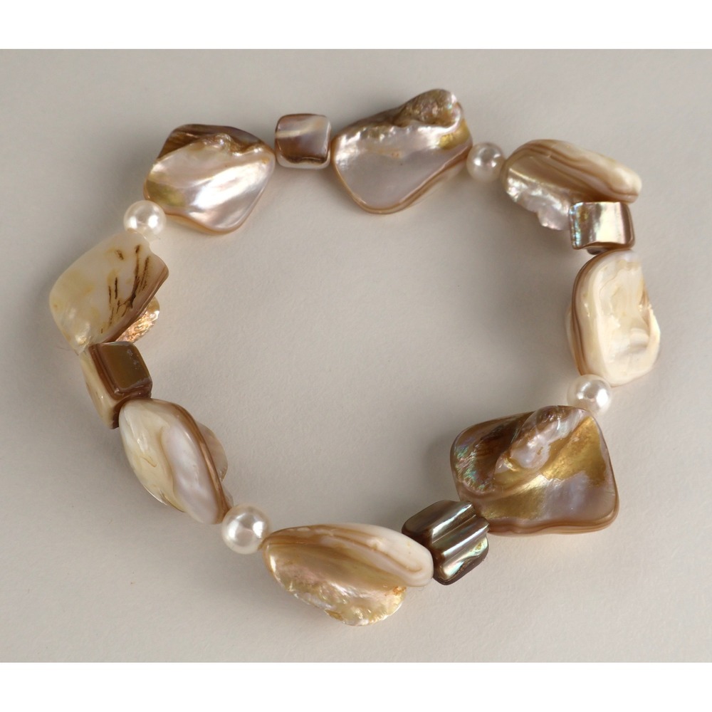 Mother of Pearl Shell Stretch Bracelet Iridescent Brown Cream Freshwater Coastal